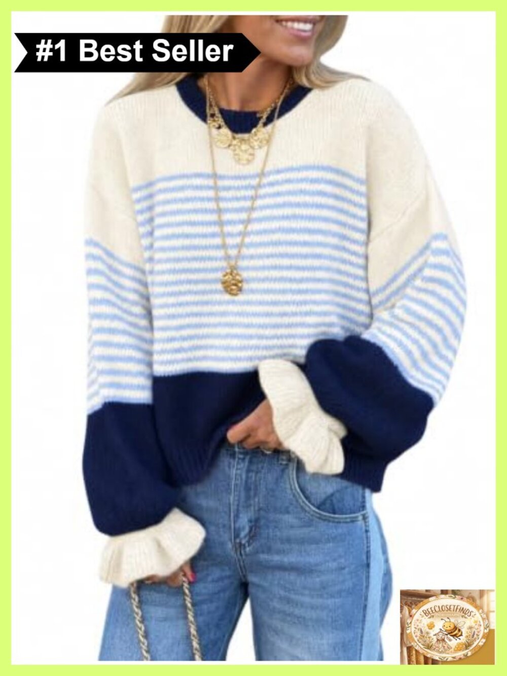 Striped Ruffle Sleeve Knit Pullover Sweater Crew Neck Loose Fit